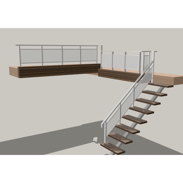 室內夾層樓梯與平台的烤漆玻璃欄杆扶手 3D 示意圖，呈現欄杆結構與步階配置。