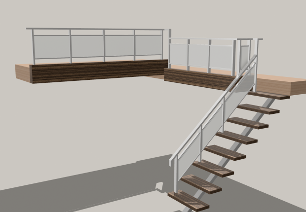 室內夾層樓梯與平台的烤漆玻璃欄杆扶手 3D 示意圖，呈現欄杆結構與步階配置。